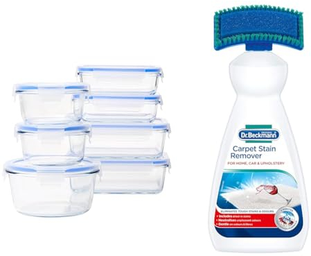 Amazon Basics Airtight Glass Food Storage Container Set with BPA-Free & Locking Plastic Lids & Dr. Beckmann Carpet Stain Remover | Removes New and Dried-in Stains | Includes Applicator Brush