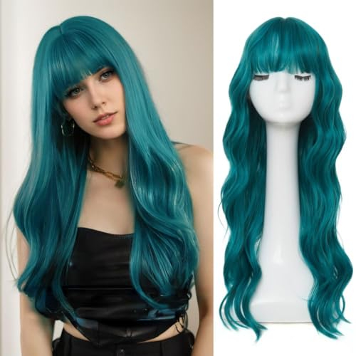 Blaue Lockige Gewellte Lange Perücken für Frauen Natürliche Marine Haar Perücke mit Bangs Synthetische Hitzebeständige Faser Cosplay Halloween Perücke