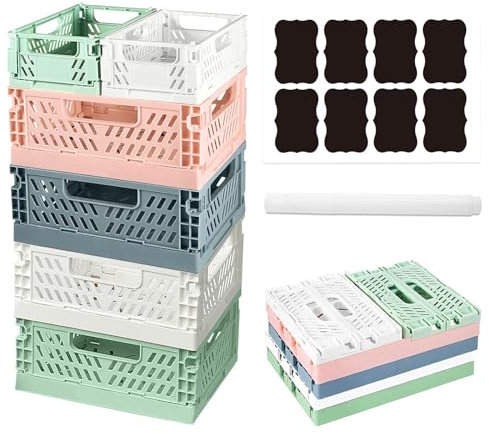 Ruucy 6 Pcs Collapsible Storage Crates, 4 Pcs Plastic Crates 20x15x9cm + 2 Pcs Mini Foldable Crate 15x10x5.8cm + White Marker + Sticker, Pastel Crate Desktop Storage Box for Office Kitchen Bathroom
