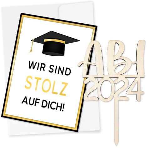 ABI 2025 Tortendeko aus Holz & Glückwunschkarte zur Bestandenen Prüfung & Umschlag, Abitur 2025 Geschenke Mädchen Junge, Abschluss Karte Wir sind stolz auf dich