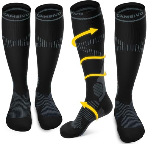 CAMBIVO Medias de Compresión Mujer Hombre 2 Pares, Calcetines Compresion 15-20 mmHg, Medias de Compresion Varices, Calcetines Altos, para Deporte, Running, Avion, Ciclismo, Senderismo, Enfermera