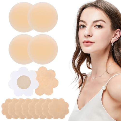 2 Paar Nippelpads Damen, mit 5 Paar Einweg-Brustpflaster, Silikon Nipple Covers, Wiederverwendbar Brustwarzen Aufkleber, Ultra Dünne Nippelcover, Selbstklebende Nippel Nippelabdeckung