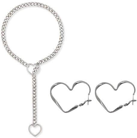 Geaanen Slip Chain Halskette Mit Herz - Punk Gothic Choker Mit O-Ring für Frauen (Halskette + Ohrringe)