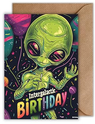 WBdesignz Alien Geburtstag Karte mit Umschlag - Ufo Geburtstagskarte “Intergalactic Birthday Glückwunschkarte zum Geburtstag (DIN A6)