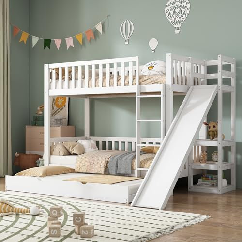 Merax Lit superposé avec lit gigogne et toboggan, lit enfant avec grille de protection anti-chute, échelle droite à 4 marches et étagères, pin + MDF, blanc, 90 x 200/190 cm, sans matelas, pour trois