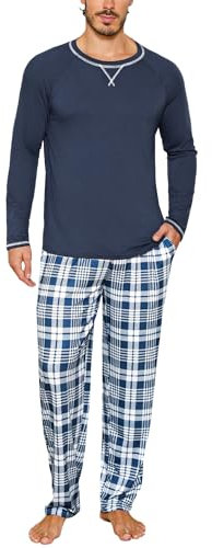 Litherday Pigiama da Uomo Invernale Pigiama Lungo da Uomo in Cotonea Maniche Lunghe con Coulisse e Tasche 2 Pezzi,Blu Navy,M