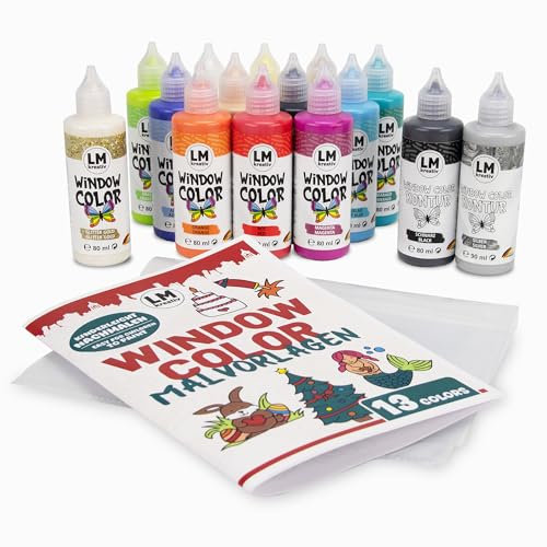 LM-Kreativ Window Color Set 4 saisons - Kit de peinture pour fenêtre avec 15 couleurs / contour, 3 modèles de coloriage imprimés des deux côtés avec plus de 50 motifs - Window Color pour petits et