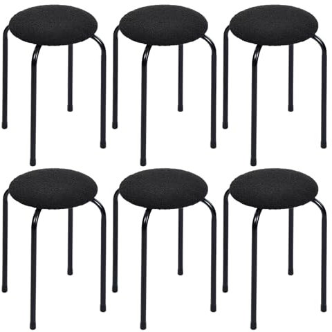 Liink1Ga 6er Set Tragbarer Stapelhocker Runder Barhocker Indoor Outdoor Hocker für Küche Balkon Garten Camping Angeln Grillen Bürohocker, 44 cm Hoher Weicher Flauschiger Sitz&Metallbeinen, Schwarz