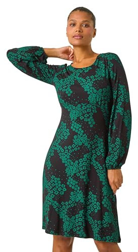 Roman Originals Women Gathered Chest Dress Ladies Stretchy Fit & Flare Swing Tea A Line Skater Knee Length Long Sleeve Midi Smart Casual Work Going Out Cocktail Party - Green & Noir - Size 20
