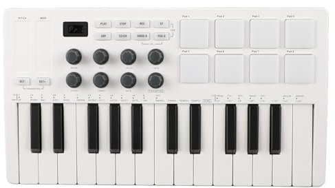 Universeller MIDI-Controller, 25-Tasten-USB-MIDI-Keyboard-Controller mit 8 Hintergrundbeleuchteten Drum-Pads, 8 Zuweisbaren Reglern, für Studioproduktion, Virtuelle