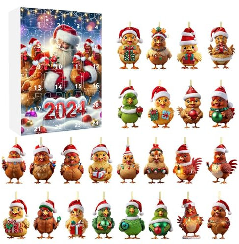 Generic Adventskalender mit Weihnachtsbaum-Anhänger, 24 Tage Weihnachtsurlaub, Adventskalender-Anhänger, Weihnachts-Countdown-Kalender mit 24 2D-Ornamenten, Weihnachtsbaum-Cartoon-Hahn-Dekoration, A