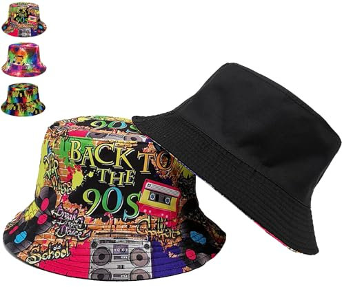 CWENDANER Retro Bucket Hat, 80 90er Style Unisex Fishing Hut, Doppelseitig Sonnenhut, Hip Hop Rock Scrawl Fischerhut, Faltbar, für Disco Hip Hop Outdoor