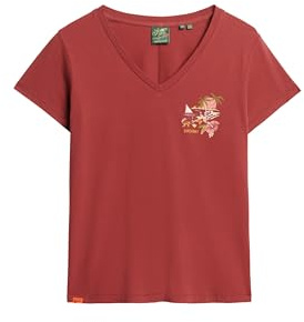 Superdry Damen Lässiges Suika T-Shirt in Metallic-Optik mit V-Ausschnitt Neu Portweinrot 44