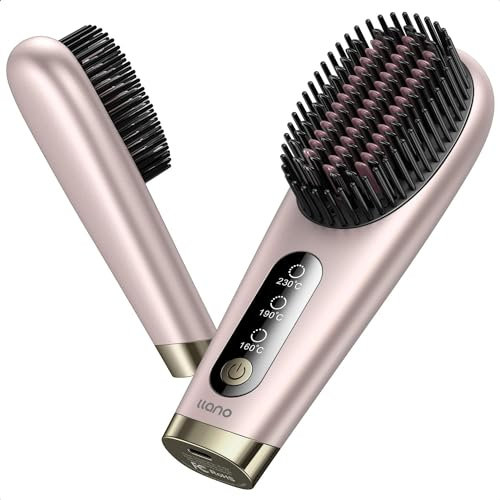 llano Cordless Hair Straightener Brush, 2025 Update Portable Mini Straightening for Travel, Negative Ion Hot Comb for Women, 6400 mAh USB Rechargeable, 100M+ Ions (Pearl Pink