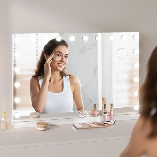 Moziel 90x60cm Specchio da Trucco Hollywood con Luci a 20 Led Montato a Parete o sul Tavolo, 3 Colori di Luce e Funzione di Luminosità Regolabile