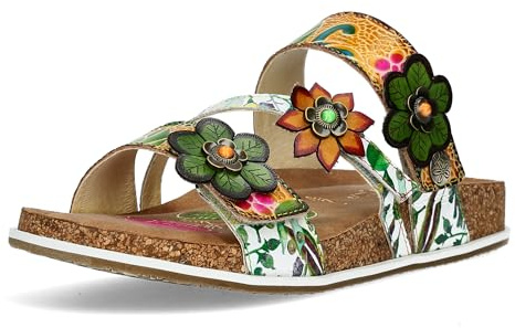 Laura Vita Damen Pantolette floral Gemustert Blumen mit Perlen Nieten Brcyano 16, Größe:40 EU, Farbe:Gelb