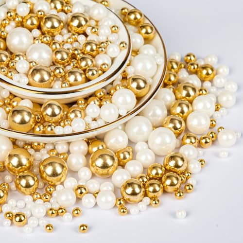 Twisweet Edible Pearl Sprinkles 130g, Gold and White Sprinkle for Cake Decorating, Mix Size Pearls Baking Candy, Cupcake Topper Ice Cream Cookie Cake Decorations, Christmas Wedding Birthday Supplies