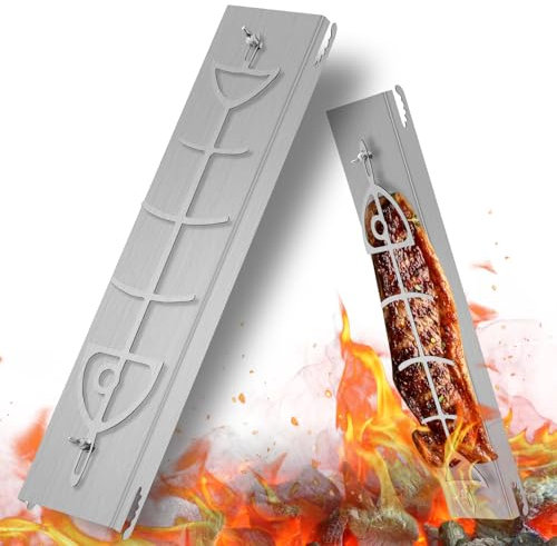 Dibaful Flammlachsbrett Lachsbrett aus Edelstahl für Feuerschale und Kugelgrill Grill Feuerstelle Feuerschalen | Flammlachsbretter mit Halterung 180° Wendefunktion 5 Fach Verstellbar