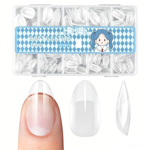 240PCS Short Almond Nail Tips - Ultra Thin Soft Gel Full Cover Press on Fake Nails, RARITYLL Clear Acrylic Nail Extensions Kit with 12 Sizes for DIY Manicure at Home Salon(Free of glue)