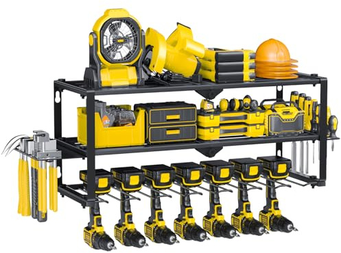 3 Layers Wall-Mounted Tool Rack,Heavy-Duty Large Garage Power Tool Storage | Tool Organizer with 7 Drill Holders, Suitable for Various Tools and Hardware Accessories, Black Steel
