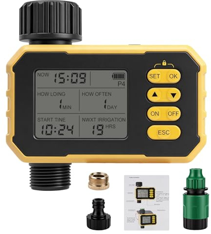 VIFERR Programador de Riego Solar, Temporizador de Riego Automatico Jardín, Batería Integrada, IPX5 Impermeable Controlador de Riego Automático de un Solo Canal para Césped y Jardín