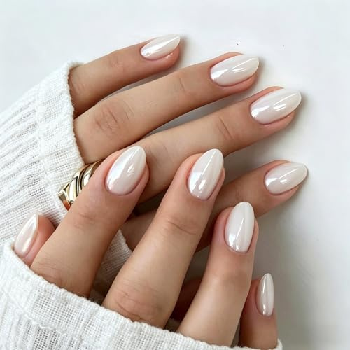 SXVME Chrome Pearl White Press on Nails Short Oval, 32 Pcs 16 Sizes Glazed False Nails with Sparkle Mirror Design, Thick Shiny Glitter Fake Nails Almond, Stick on Nail for Women Manicure Gift