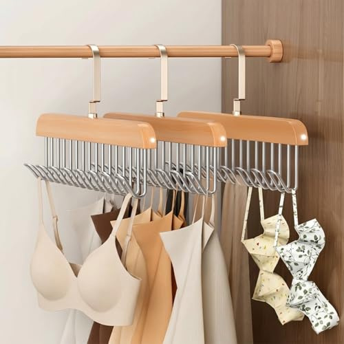 3 Stück Gürtelhalter Kleiderschrank, 28x19cm Gürtelaufhänger aus Holz | Kleiderbügel mit 8 Haken, 360 Grad Drehbarer Krawattemhalter, Platzsparende Krawattenbügel für Schals, Krawatten, Gürtel