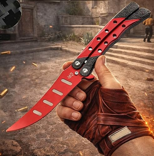 NEU Butterfly Trainer Balisong 22,5cm Aluminum red für Sammler Gamer Fans von CSGO CS2 Messer Knife Style Hände LARP Cosplay Zocker Merch Dekoartion Geschenk Stressabbau Flipping Tricks
