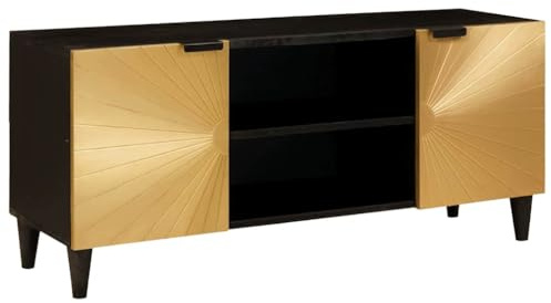 Mangloder TV Board Lowboard Fernsehschrank Mediaschrank aus Holzwerkstoff Schwarz und Gold, 105 x 33 x 46 cm, mit 2 Türen, 4 Regalen, Stauraum für Wohnzimmer Heimkino Gaming Receiver und Fernseher