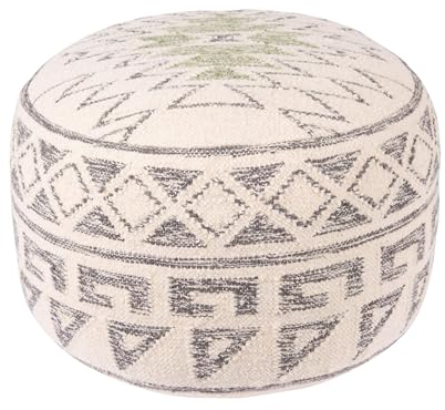 Creative Co-Op Boho-Kelim-Pouf aus Wollmischung, rund, geometrisches Design, Mehrfarbig