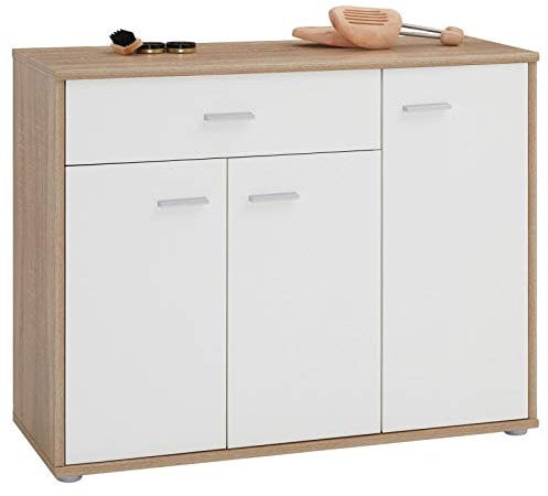 IDIMEX Meuble à Chaussures Camille, Commode Meuble de Rangement avec 1 tiroir et 3 Portes avec 7 tablettes intérieures, en mélaminé décor chêne Sonoma et Blanc Mat