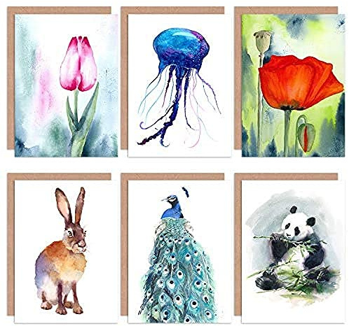 Artery8 Watercolour Nature Animals Flowers All Occasions Various Assorted Blank Greeting Cards With Envelopes Pack of 6