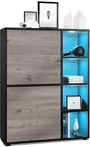 Vladon Highboard Schrank Anrichte Cuba mit 8 Fächern, Made in Germany, Korpus in Schwarz matt/Fronten in Eiche Nordic, mit RGB LED Beleuchtung