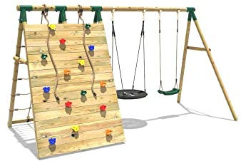 Rebo® Beat the Wall Wooden Swing Set with Double Up and Over Climbing Wall – Spire | OutdoorToys | Pressure Treated Timber, Nest Swing, Climbing Rocks, Cargo Net