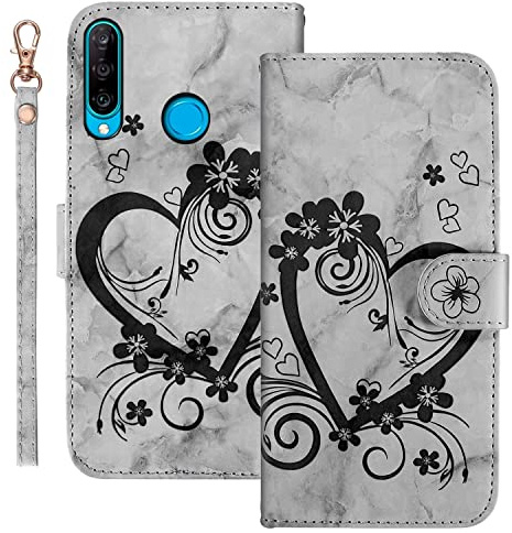 Ailisi Blume Herz Klapphülle für Huawei P30 Lite mit Kartenfach - Schwarz | Marmor Muster,PU-Leder Flip-Hülle, Brieftaschen-Design,Magnetverschluss,2 Kartenfächer,stoßfester Innenschutz,Standfunktion