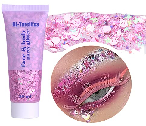 GL-Turelifes Chunky Glitter Gel Glitter Body Gel Festival Glitter Kosmetik Gesicht Haare Nägel Make-up Meerjungfrau Pailletten Flüssiger Lidschatten Langanhaltend Funkelnd (Rosa 50ml)