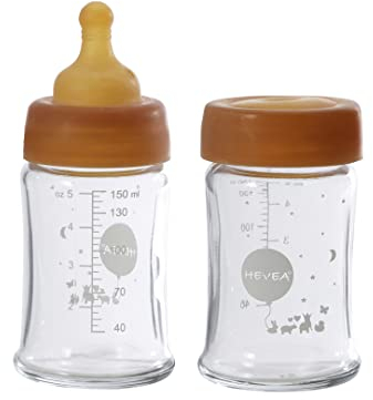 HEVEA Weithals Baby Flaschen Glas - Langsame Strömung Anti Colic Babyflaschen Neugeborene 0+ Monate - BPA-Frei, Zweierpack (150 ML)
