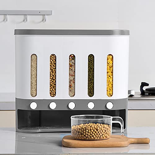 WOQLIBE Dispensador de cereales, dispensador de cereales, dispensador de 5 rejillas, caja de almacenamiento, recipiente de arroz, hermético, caja de almacenamiento