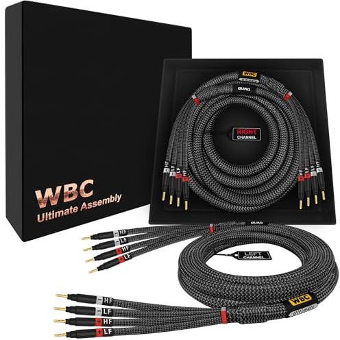 WORLDS BEST CABLES 10 Foot Ultimate - 12 AWG - Ultra-Pure OFC - Premium Audiophile HiFi Bi-Amp Speaker Cable Pair with Eminence Gold Banana Plugs & Carbon Tweed Jacket