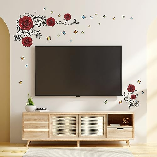 Tanlaby Rote Rosen Wandtattoo Rose Blüten Wandsticker Rote Pfingstrose Wandaufkleber für Frauen Wohnzimmer Schlafzimmer Büros Sofa Hintergrund Hause Wanddekoration