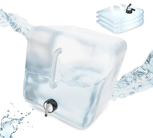 Relaxdays Pack 4 Bidones Plegables, Garrafas Agua Cuadradas, Grifo y Asa, Volumen 20 L, sin BPA, Transparente y Negro, Gomaespuma
