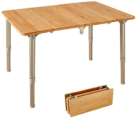 ATEPA Kleiner Bambus-Klapptisch, tragbarer Campingtisch mit Tragetasche, verstellbare Höhe, 4-Fach, leicht zu tragen und zu reinigen für 1–2 Personen, Hinterhof, 60 cm (L) x40 cm (H)