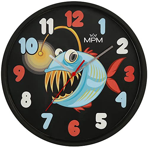 MPM Quality Design Kinder Wanduhr aus Kunststoff, Made in EU, Schwarz/Bunt, Motiv Fisch, Quarz-Uhrwerk, Moderne Wanddeko, Runde Kinder Uhr, ∅ 250 x 20 mm, für Kinderzimmer, Kindergarten, die Schule