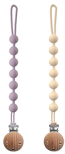 BebeCalin Catenella Portaciuccio in Silicone - Confezione da 2 Catenella Ciuccio Clips, per Bambini, Ragazzi e Ragazze, per Mantenere il Ciuccio Pulito, Morbido e Flessibile (Viola+Bianco)