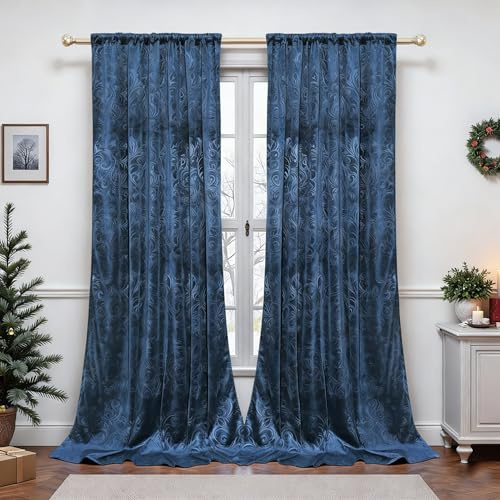 Rosnek Rideaux Velours, Bleu Marine Belle Luxueux 100% Rideau Occultant Thermiques, 2 pièces Rideaux Occultant Thermique Isolant Anti Chaleur Velours pour Chambre, Salon etc (H 213 * L 132 CM +Corde)