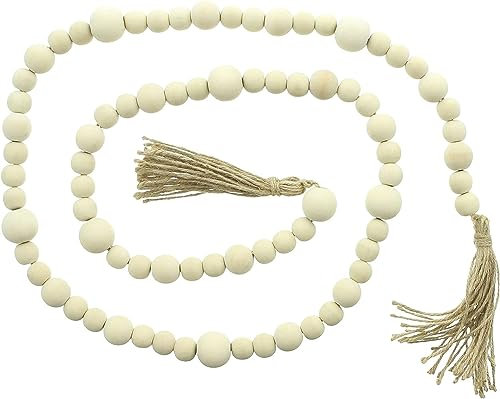 Dekokette Bohemian Style 183 cm lang, mit Holz-Kugeln, Girlande mit Quasten, Kugelgirlande, Tischdeko, Holzperlen-Kette, Holzperlengirlande, Weihnachtsbaum-Girlande, Christbaum-Schmuck