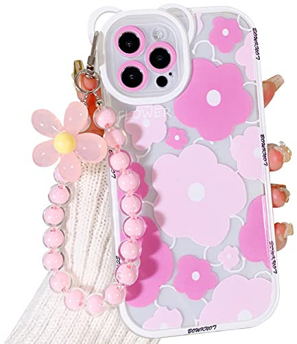 NITITOP Compatible for iPhone 15 Pro Max Case Clear Cute Flower Floral Bear for Girls Women Pattern with Chain Lanyard Wrist Strap Soft TPU Shockproof Protective Girly - Bear Pink