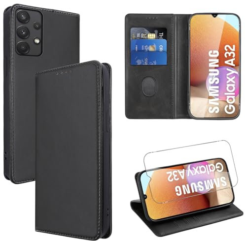 Vauki Coque Cuir pour Samsung Galaxy A32 4G 6.4 avec 1 Verre Trempé Etui à Rabat en PU Porte-Cartes Portefeuille Support Flip Housse Magnétique Antichoc Anti-Rayures Case,Noir
