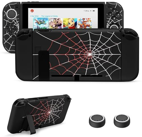 JINGDU Schutzhülle Kompatibel mit Nintendo Switch 2017, TPU Case Zubehör für Switch Console und Grip Joy-Con, Switch Protector mit 4 Daumengriffen, Schwarzes Spinnennetz