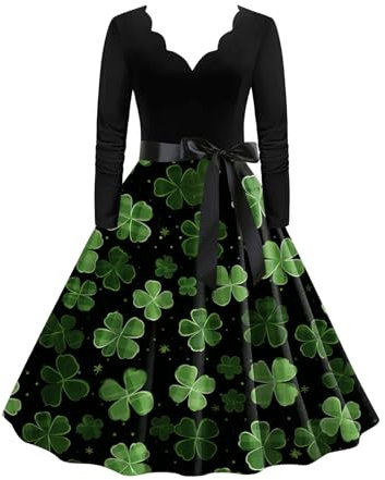 St Patricks Day Dress for Women Green Shamrock Dress Irish Lady Fancy Dress Long Sleeve V Neck Tunic Dresses Bodycon Rockabilly Swing Dress Evening Party Prom Bow Dress A Line Skirt Cocktail Dress